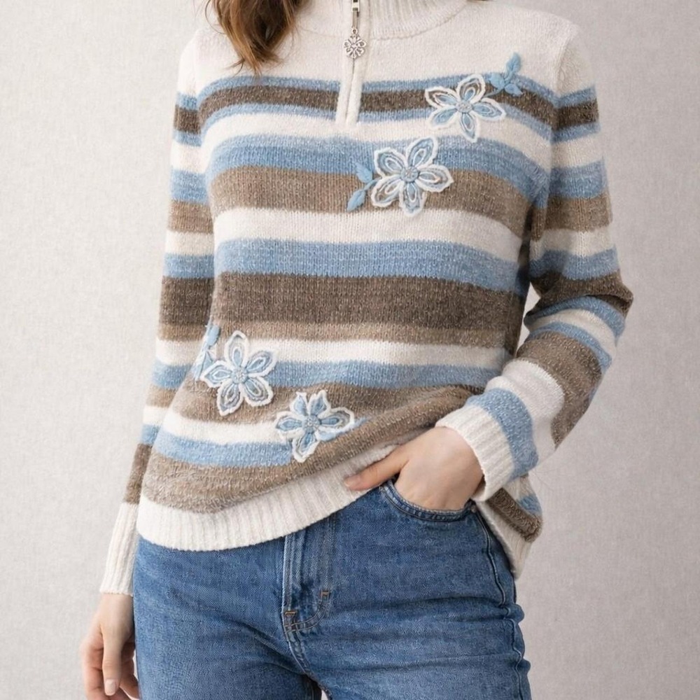 Alfred Dunner Womens Chenille Striped Floral Embroidered Mock Neck Zip Sweater L